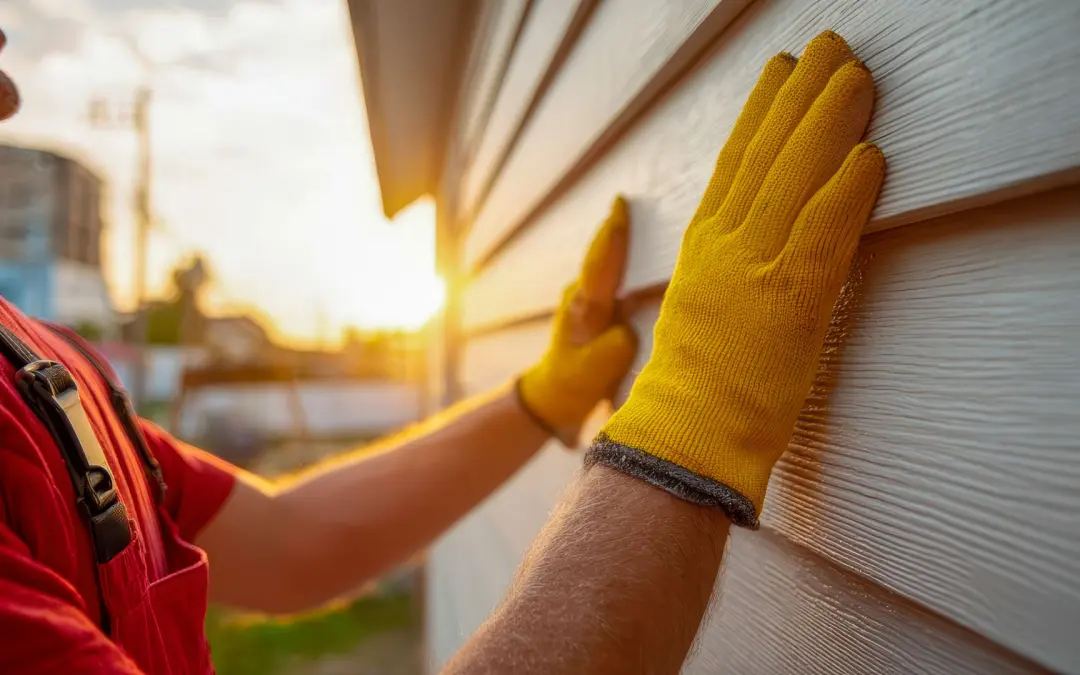 Man inspecting siding on a home.
